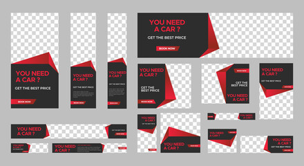 set of Rent Car web banners of standard size with a place for photos. Vertical, horizontal and square template. Vector EPS