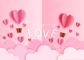 Obraz na płótnie Canvas Valentine's day vector illustration with pink heart balloons, garland text love and mini hearts on pink background with clouds, origami, papercraft style
