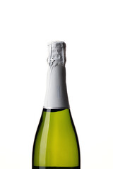 top of champagne bottle isolated. neck of sparkling wine bottle on white