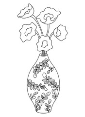 Vase with Flowers isolated on white background. Ceramic vase. Outline drawing, line art, coloring book.