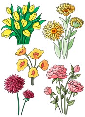 Bouquets of spring flowers isolated on white background. Line art. Set of vector drawings.