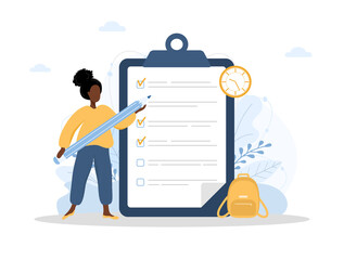 Month planning or to do list concept. African woman with a giant pencil standing near large checklist on a clipboard paper. Vector illustration in flat cartoon style.