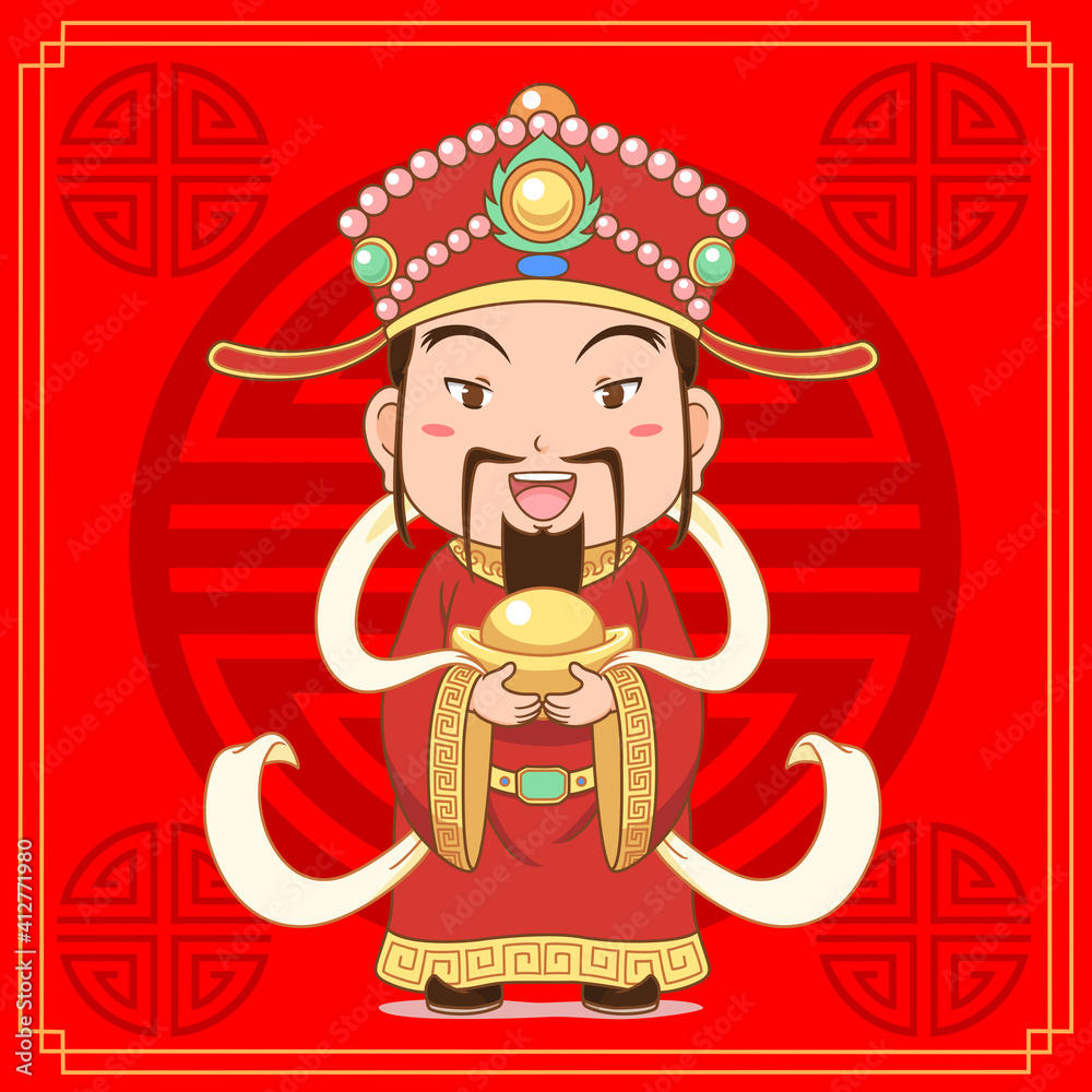 Wall mural cartoon illustration of god of wealth holding gold ingot on red background for chinese new year cele