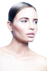 Fototapeta premium Beautiful woman skin care beauty helathy skin face. Brunette hair style. Isolated on white. Skincare facial treatment concept