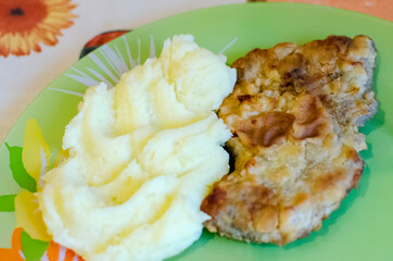 Meat chop and mashed potatoes, homemade food.