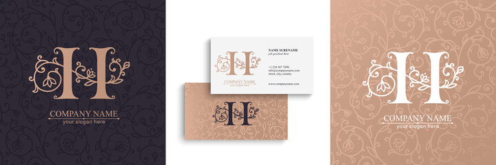 Premium Vector H logo. Monnogram, lettering. Seamless pattern and business cards. Personal logo or sign for branding an elite company.