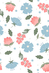 Seamless pattern with spring flowers on a white background. Vector graphics.