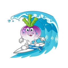 turnip surfing on the wave character. cartoon mascot vector