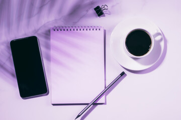 Notepad blank for to-do list or goals coffee cup office supplies stationery