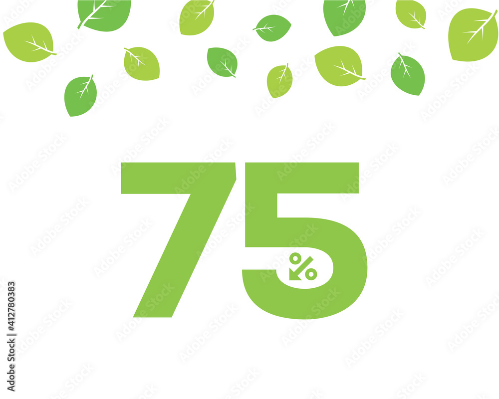 Poster Vector green 75% text designed with an arrow percent icon on white background with leaves. For spring sale campaign. 