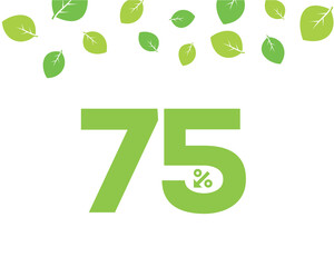 Vector green 75% text designed with an arrow percent icon on white background with leaves. For spring sale campaign. 