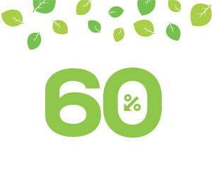 Vector green 60% text designed with an arrow percent icon on white background with leaves. For spring sale campaign. 