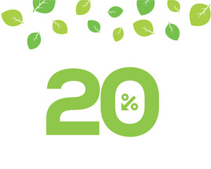 Vector green 20% text designed with an arrow percent icon on white background with leaves. For spring sale campaign. 