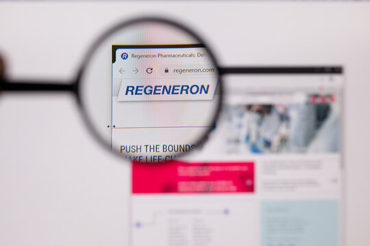Angeles, California, USA -  February 11, 2021: Regeneron Pharmaceuticals website homepage. Regeneron Pharmaceuticals logo visible on display screen, 