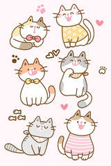 Vector Illustration of Cartoon Cat Characters on Isolated Background