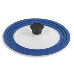Transparent glass lid with thick blue rubber rim for the pan. Side view isolated on white