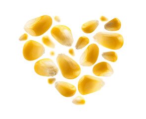 Ripe corn grains in the shape of a heart on a white background