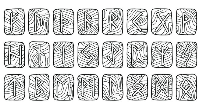 Wooden runes set. Futhark. Writing ancient Germans and Scandinavians. Mystical, esoteric, occult, magic symbols. Fortune telling, predicting the future. Isolated. Vector illustration