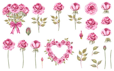 Watercolor rose illustration set: pink roses, bouquet of roses, buds, stems, leaves, pink bow, roses in a shape of heart.