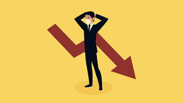 businessman wearing medical mask and statistics arrow decreasing