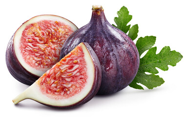 Isolated fig with leaf. Whole fig fruit and slice fig on white background with clipping path. High End Retouching