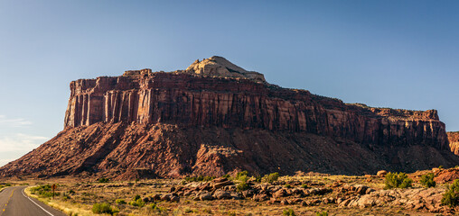 Wide shot of crums massif of orange rock near canyonlands at sunny day in Utah, america