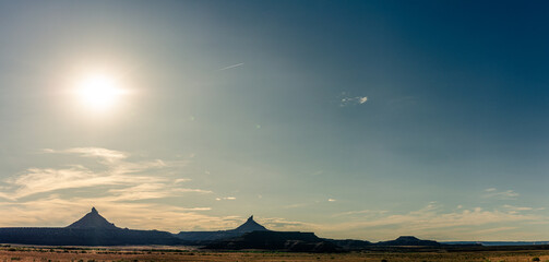 Panorama shot of desert horizon with rock massifs near canyonlands at sunny day in utah, america