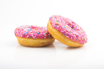 Two pink donuts on a white background
