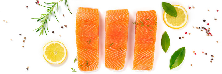 Raw salmon panorama with herbs, lemons and spices, top shot on a white background