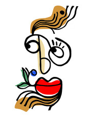 Abstract surreal illustrated face of geometric shapes painted in pop colors.Isolated on a white background