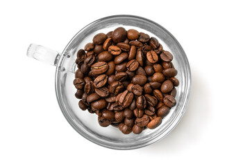 roasted coffee beans in a glass cup isolated on a white background