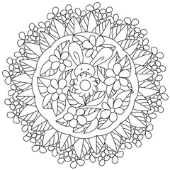 Flower mandala with Easter bunny in the center, floral and fantasy motifs in a round coloring page