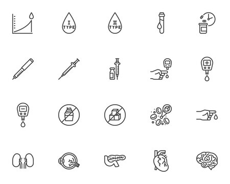 Diabetes disease line icons set. linear style symbols collection, outline signs pack. vector graphics. Set includes icons as blood sugar test, diet, diabetic insulin pen, medication time schedule
