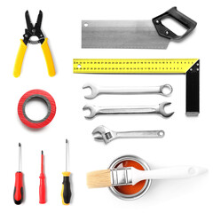 Set of different construction tools on white background