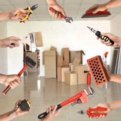 Many hands with different construction tools indoors