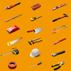 Set of construction tools on color background