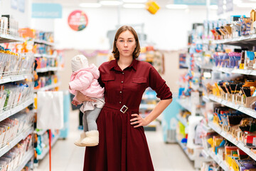 Shopping and consumerism. Portrait of a young mother holding her baby in her arms and posing at...