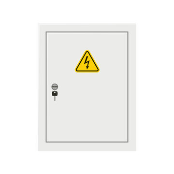 Electrical power switch panel with close door and key. Fuse box. Isolated vector illustration in flat style on white background