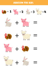 Addition game with cute cartoon farm animals. Math game for kids.