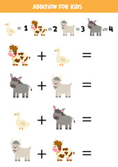 Addition worksheet with cute farm animals. Math game.