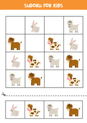 Sudoku game with cartoon farm rabbit, goat, bull and cow.