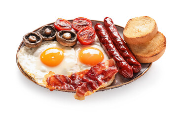 Traditional English breakfast with fried eggs in plate on white background