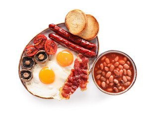 Traditional English breakfast with fried eggs in plate on white background