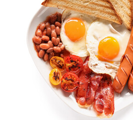 Traditional English breakfast with fried eggs in plate on white background