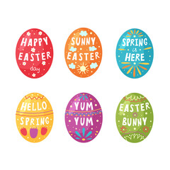 Set of Happy Easter greeting eggs with lettering. Spring Egg collection hand drawn