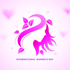 Happy Women's Day holiday illustration. pink gradient face with leaves and hairs. square format design ideal for web banner or greeting card. EPS10 vector.