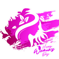 Happy Women's Day holiday illustration. Creative face with leaves and hairs on brush background. Square format design ideal for web banner or greeting card. EPS10 vector.