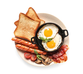 Traditional English breakfast with fried eggs in plate on white background