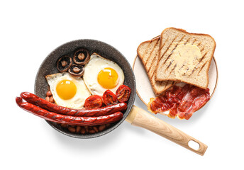 Traditional English breakfast with fried eggs on white background