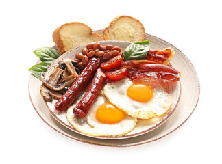 Traditional English breakfast with fried eggs in plate on white background